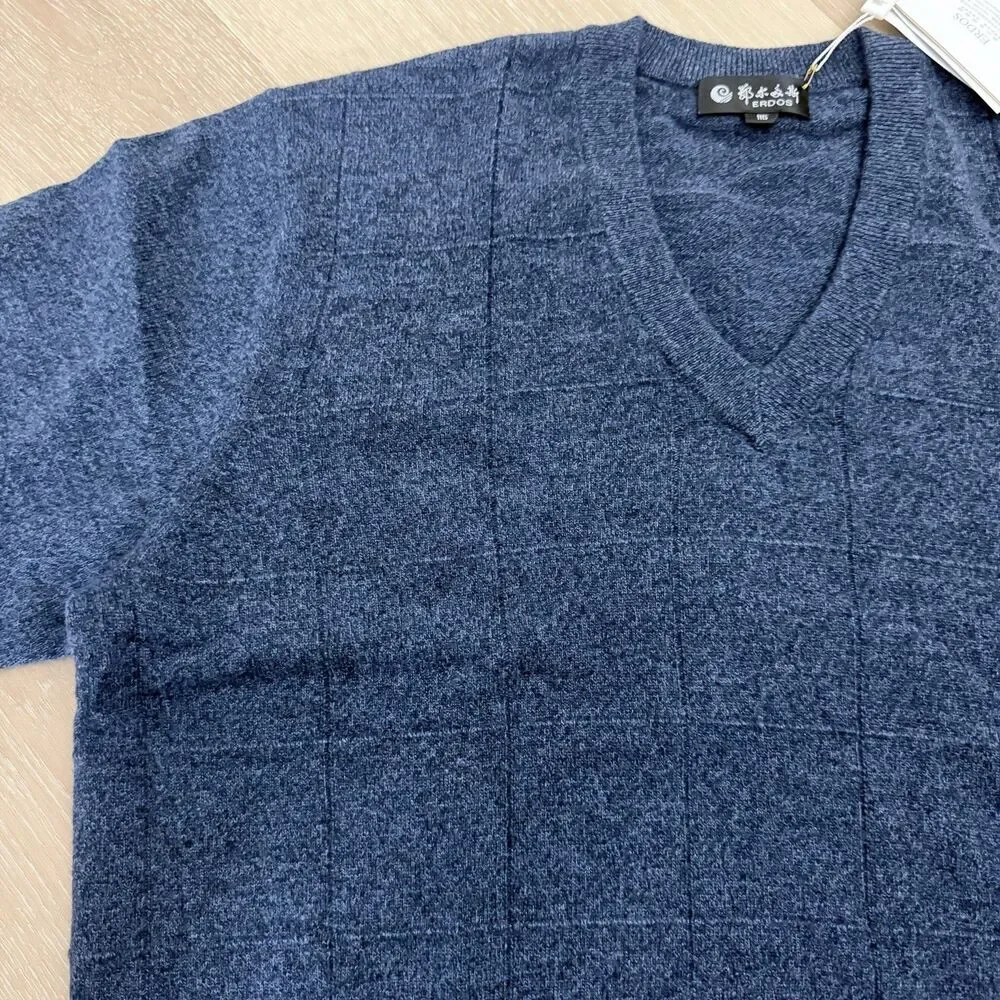 NWT Cashmere Tech V-Neck Sweater Windowpane Blue Men's L XL ERDOS Grandpa Preppy
